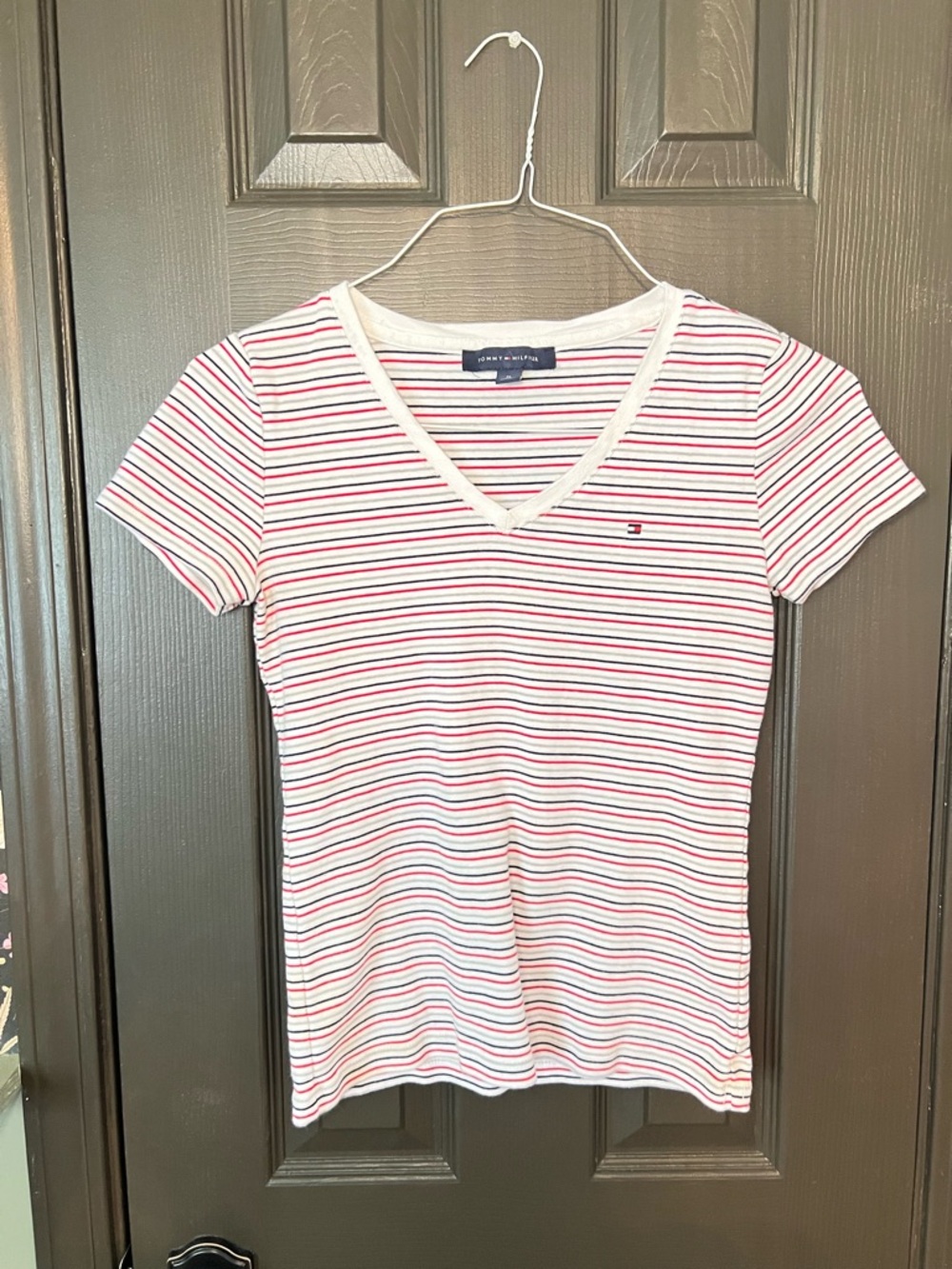 Tommy Hilfiger White V-Neck Tee with Red & Navy Stripes